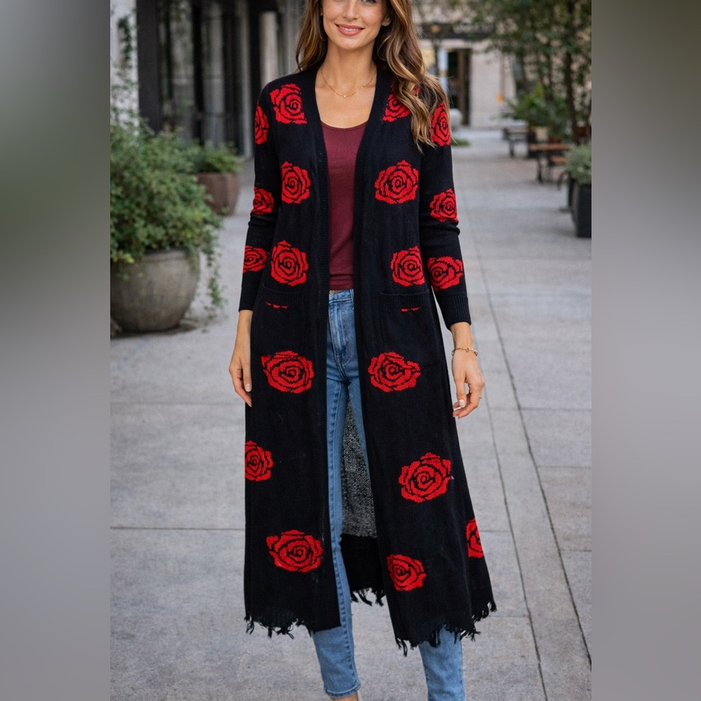D36. Black and Red Rose Pattern midi Cardigan